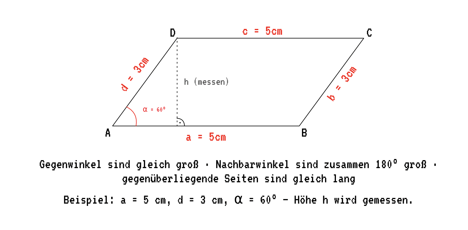 Konstruktion Parallelogramm a = 5 cm, d = 3 cm, α = 60° — Höhe h wird gemessen