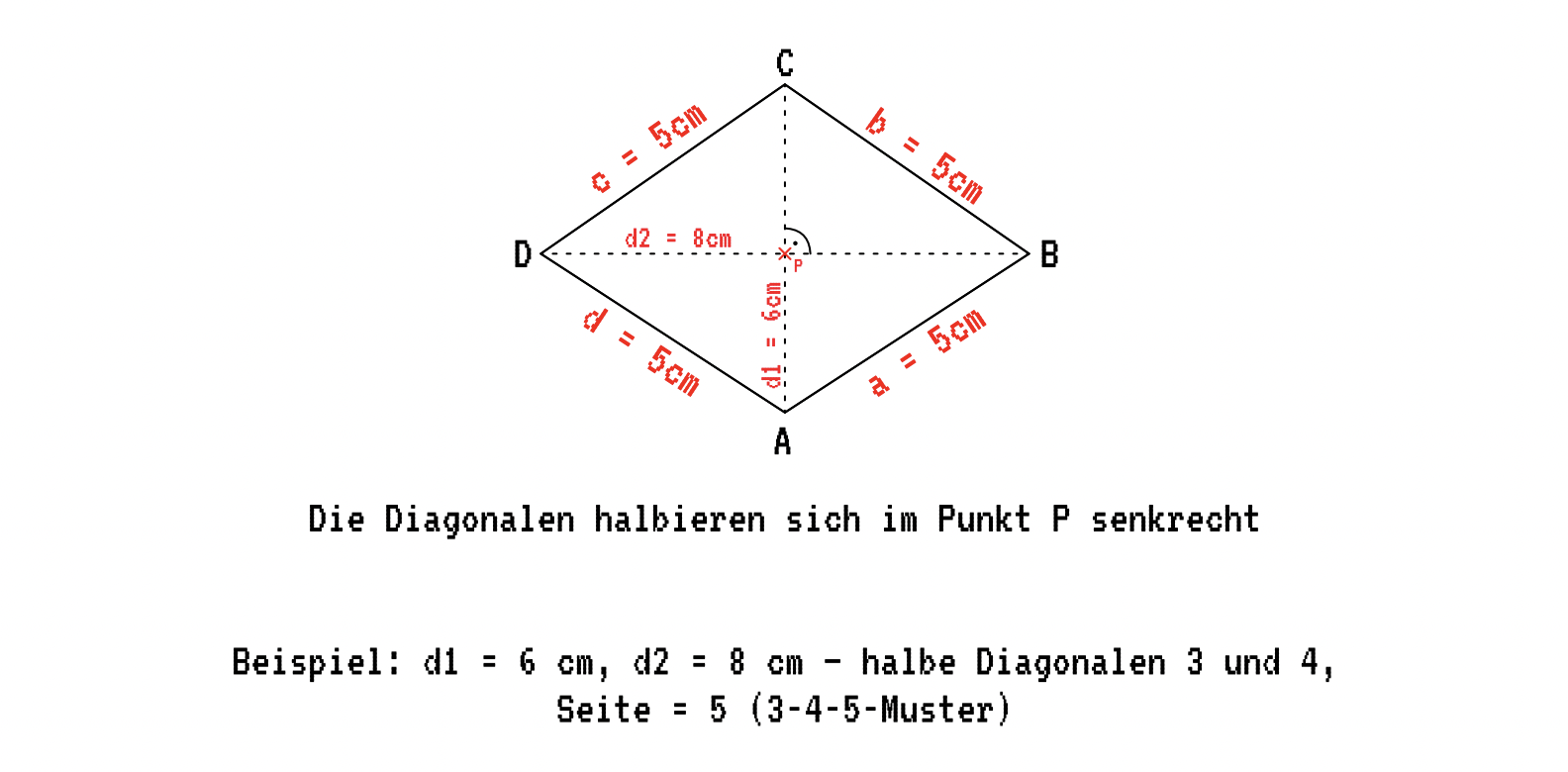 Konstruktion Raute d1 = 6 cm, d2 = 8 cm — Diagonalen halbieren sich im Punkt P senkrecht, Seite 5 (3-4-5-Muster)